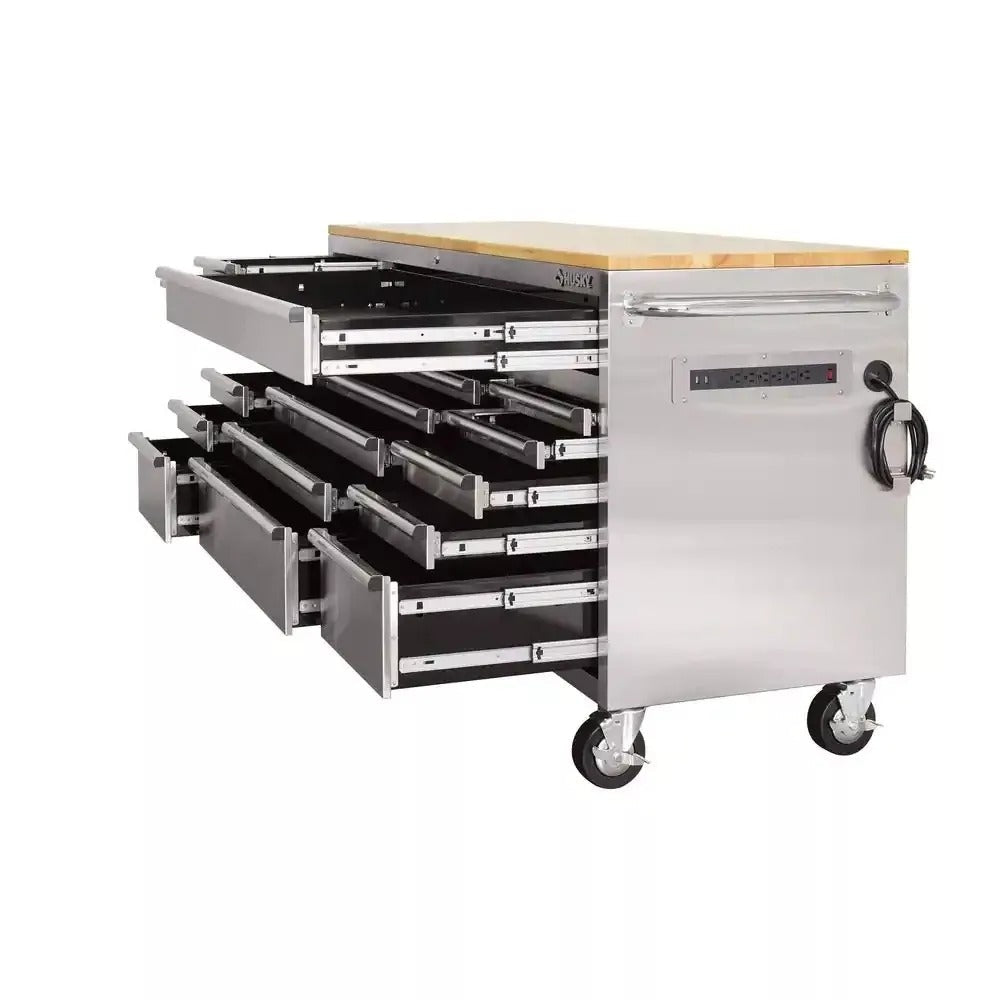 72-Inch 18-Drawer Mobile Workbench, 24-Inch Deep, Solid Wood Top, Stainless Steel Finish