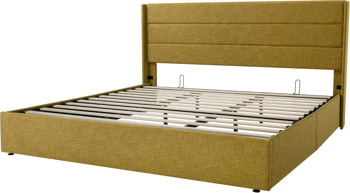 Queen Size Lift-Up Storage Bed With Wingback Headboard, Upholstered Platform Bed Frame With Hidden Storage