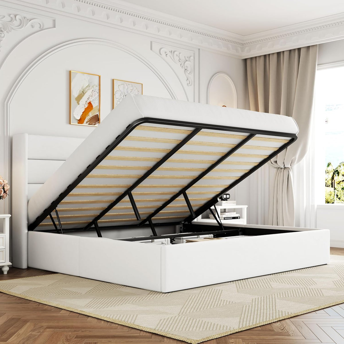 Queen Size Lift-Up Storage Bed With Wingback Headboard, Upholstered Platform Bed Frame With Hidden Storage