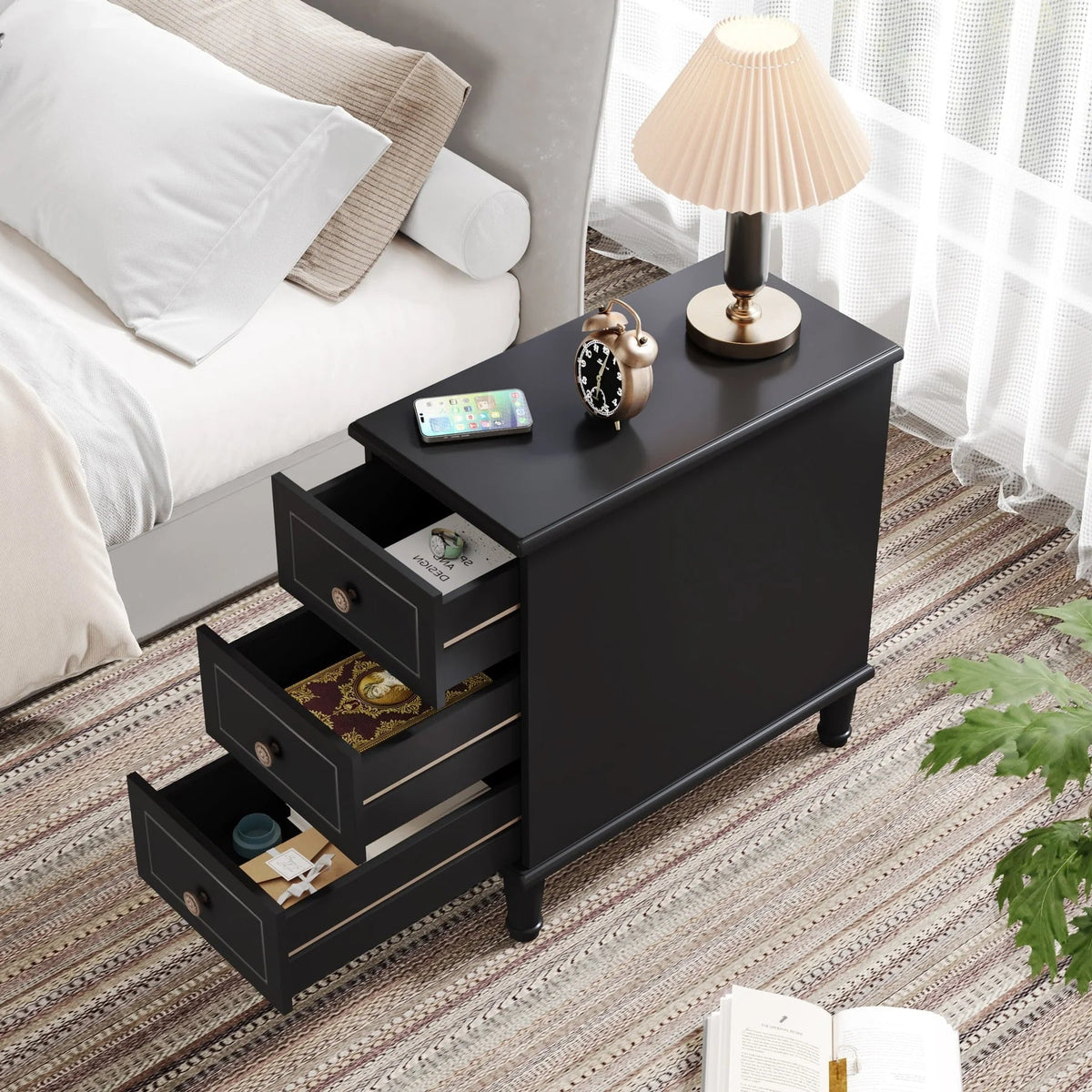 Solid Wood Narrow End Table With 3 Drawers - Fully Assembled