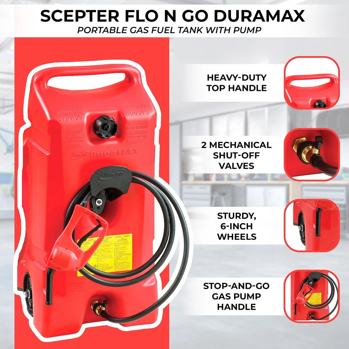 Scepter Flo N' Go DuraMax Portable Gas Fuel Tank With Pump, 14 Gallon, 2 Pack, Red