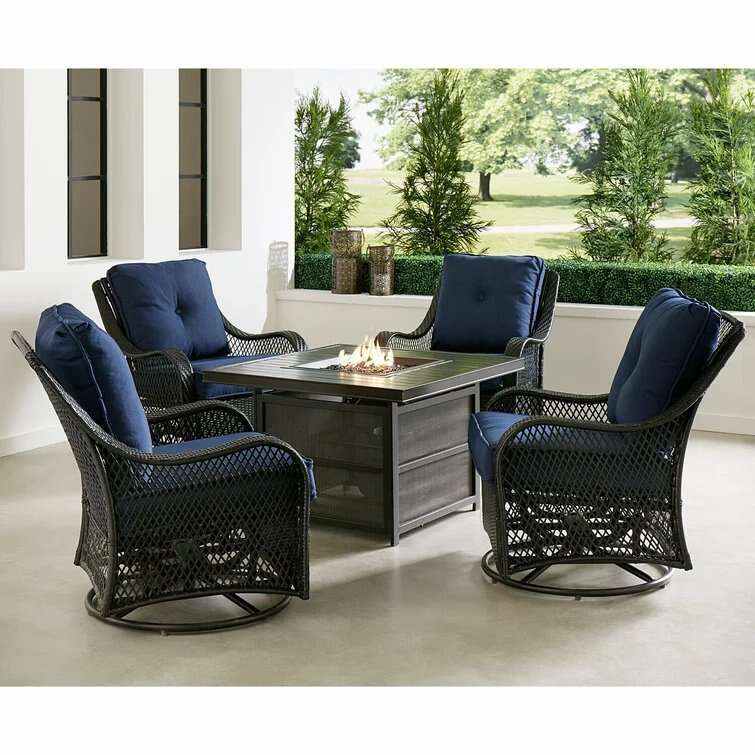 Hanover Orleans 5-Piece Steel Patio Fire Pit Conversation Set With Navy Blue Cushions, Swivel Gliders And Square Fire Pit Table