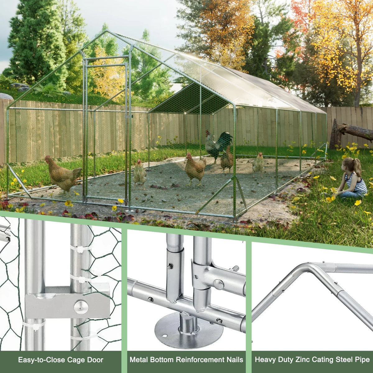 Large Metal Walk-In Chicken Coop With Galvanized Wire And Cover - 10' L x 26' W x 6.56' H