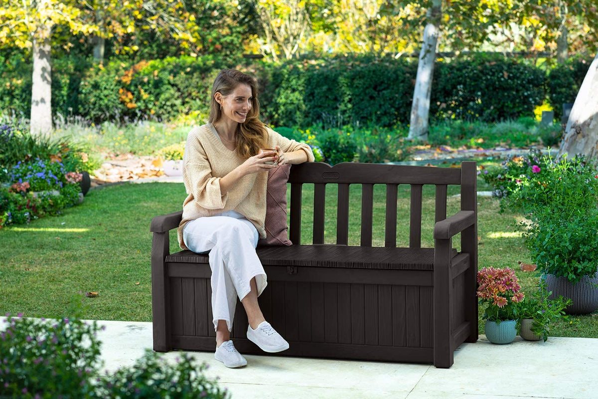 Keter Solana Storage Bench Deck Box, 70 Gallon, Brown, 54.6 x 23.4 x 32.8 in - Solana 70 Gallon Storage