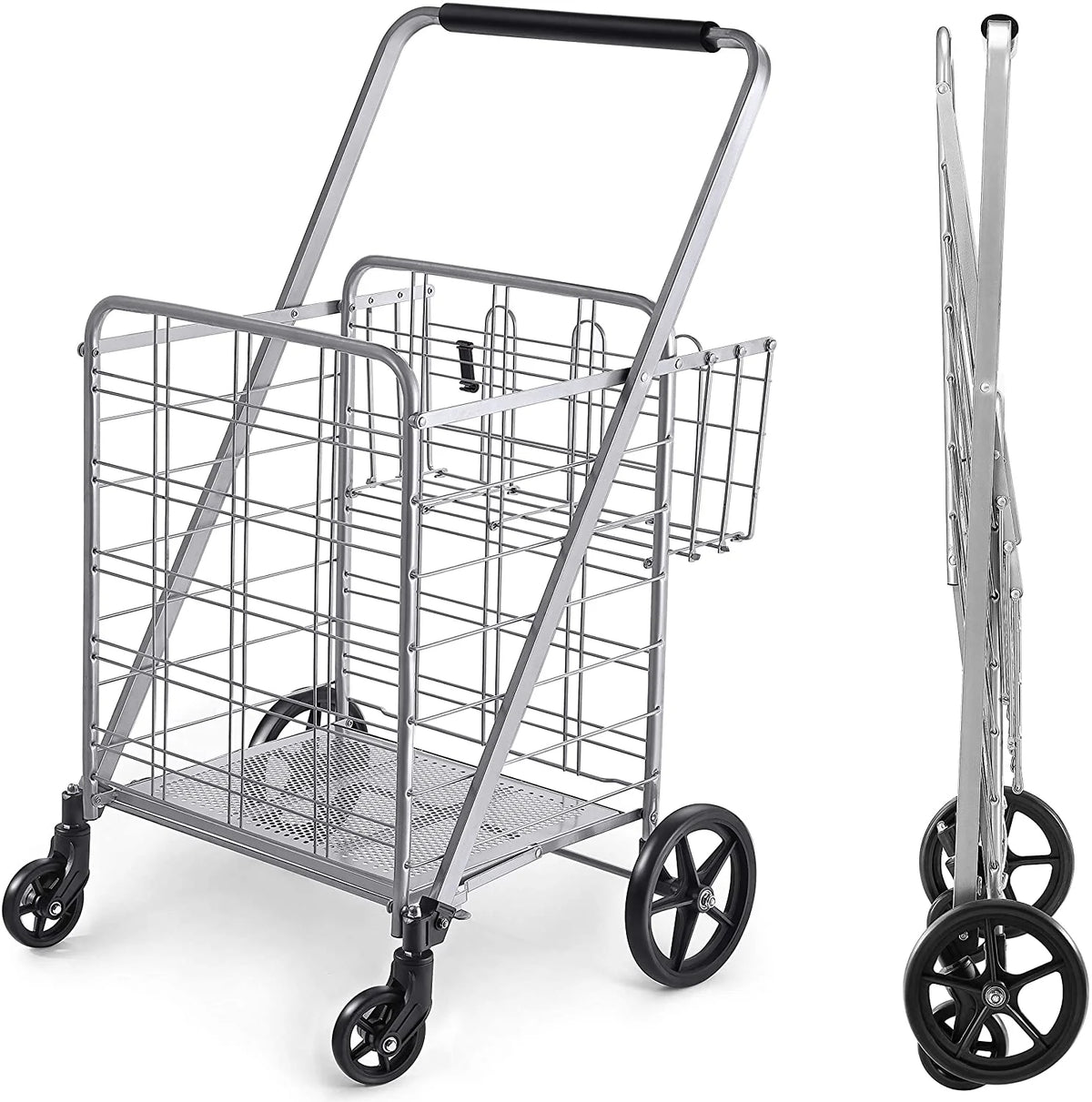 Wellmax Folding Metal Grocery Shopping Cart With Wheels, 31 x 24.5 x 40 Inches - WM99028S