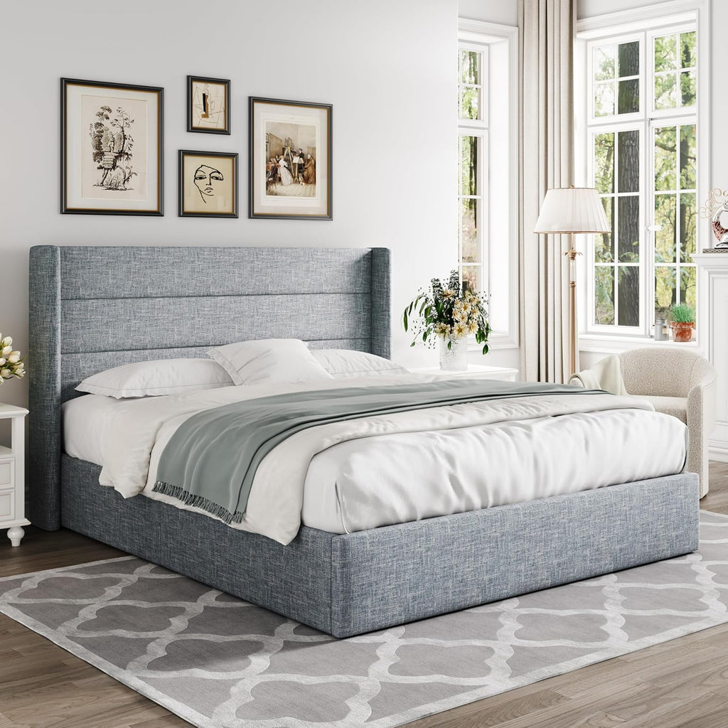 Queen Size Lift-Up Storage Bed With Wingback Headboard, Upholstered Platform Bed Frame With Hidden Storage