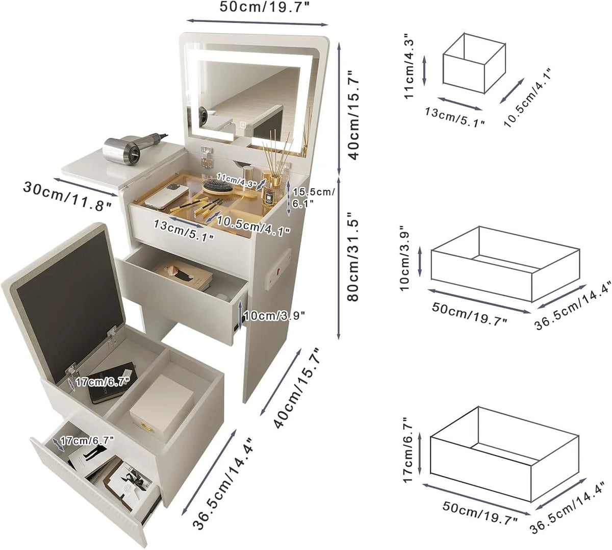3-in-1 Vanity Desk Set With Flip-Top Lighted Mirror, Storage Stool And 15.7*19.7*31.5 Inches Table