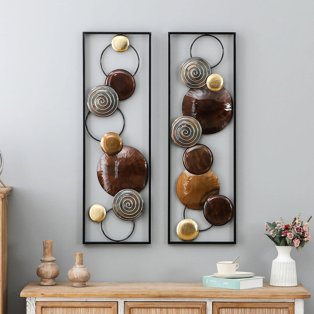 Metal Wall Decor Set, Gold And Brown, 2 Panels, 36.1 in H x 11.8 in W x 1.4 in D