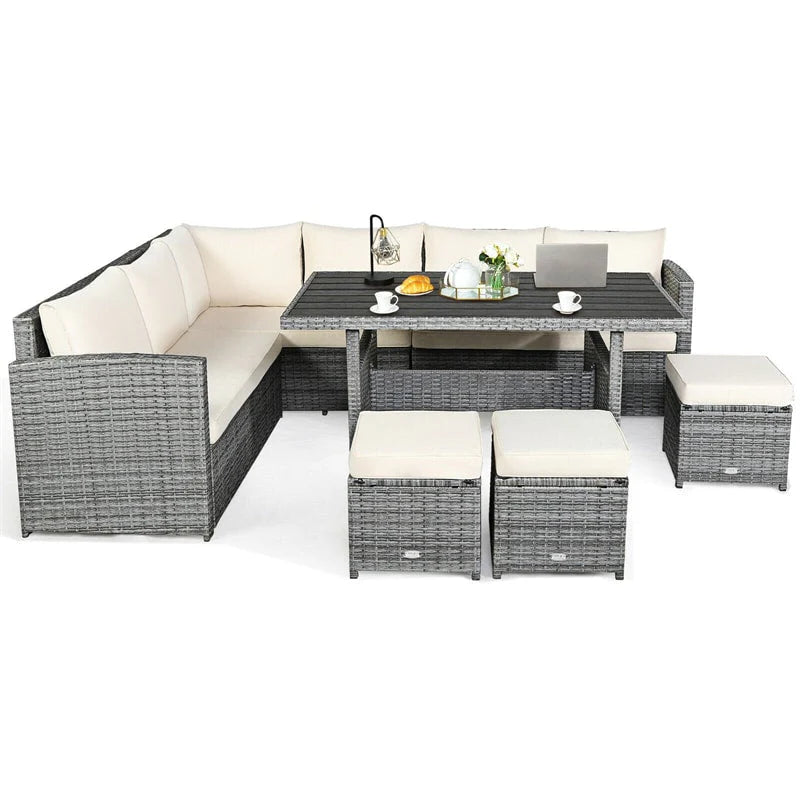 7-Piece Rattan Patio Dining Set With 3 Corner Chairs, 3 Ottomans And Table