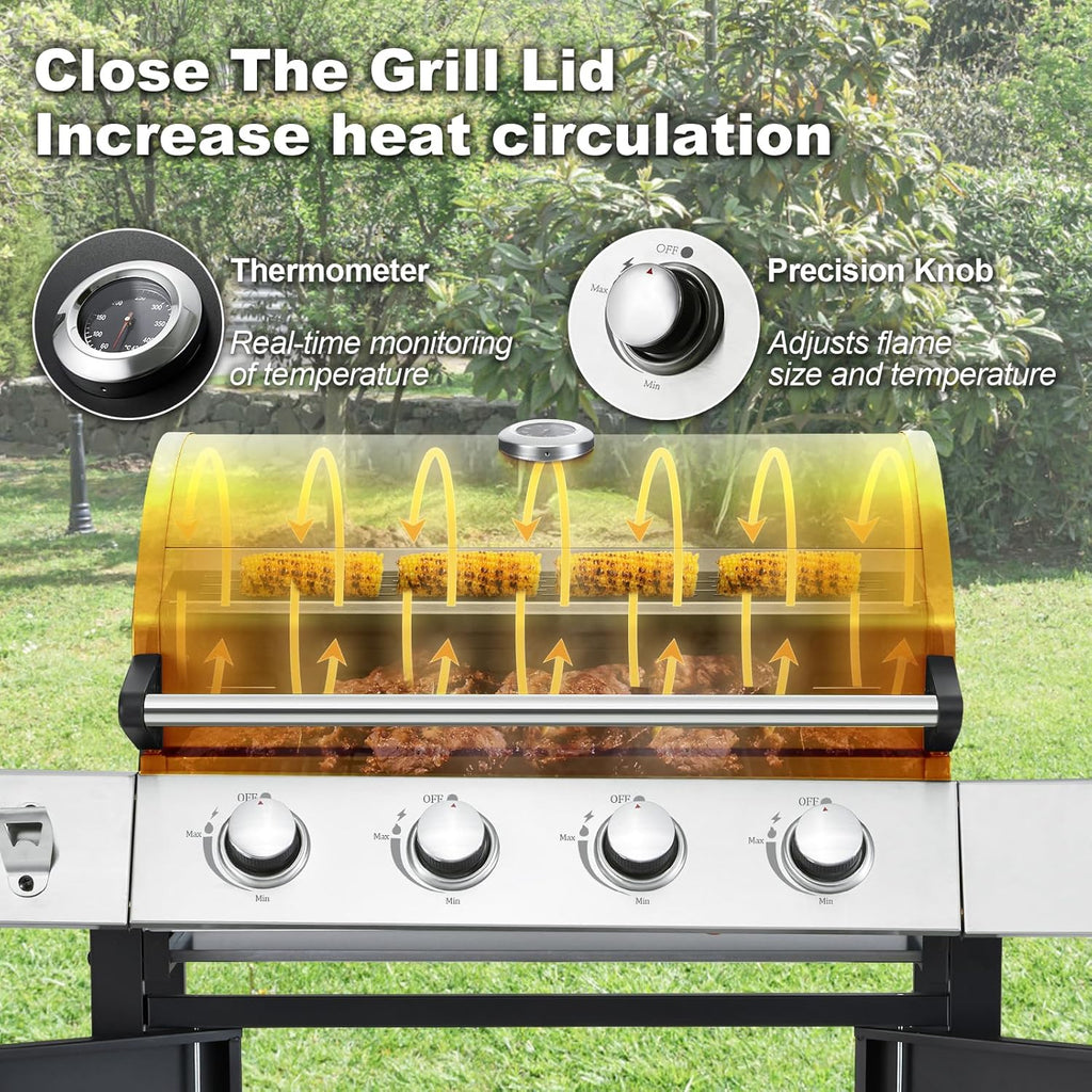 MELLCOM 4 Burner Propane Gas Grill With Cast Iron Grates And Side Stove, 44,000 BTU, Black - BBQ-4+1