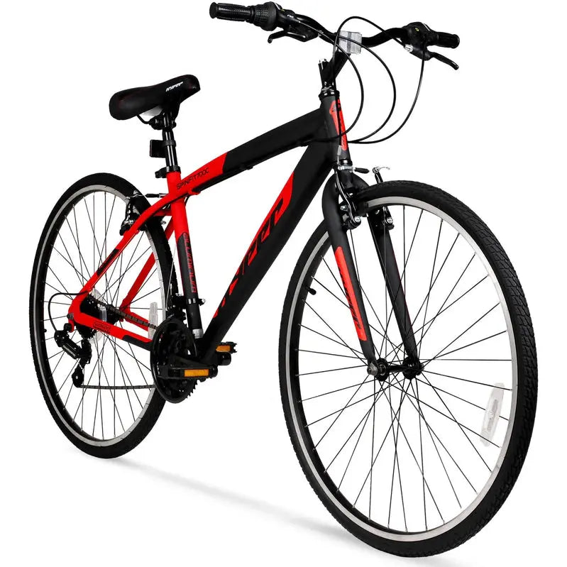 Hyper Bicycle 700C Men's Spin Fit Hybrid Bike, 21-Speed, Black/Red