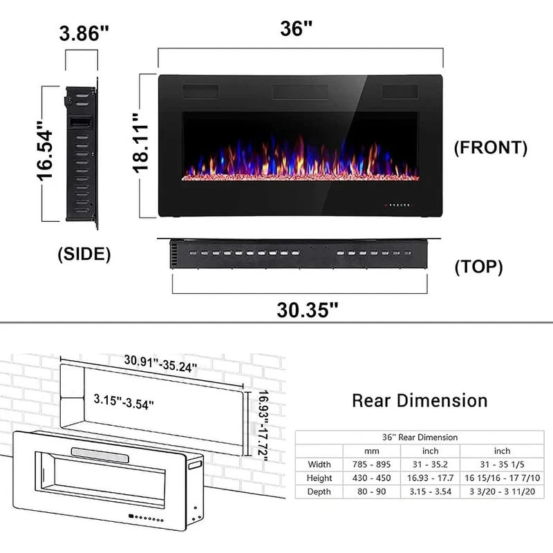R.W.FLAME Recessed Electric Fireplace Heater, 30-inch, 750-1500W