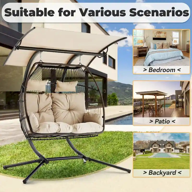 Outdoor Swing Loveseat With Stand, Foldable Hanging Chair, Hammock Cushion And Awning - Beige