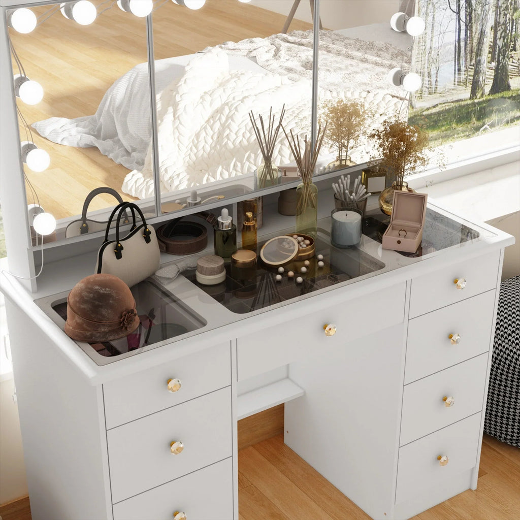 Makeup Vanity Dresser With Tri-Fold Mirror, Glass Top And 15 Bulbs - 40.2 x 53.6 x 19.7