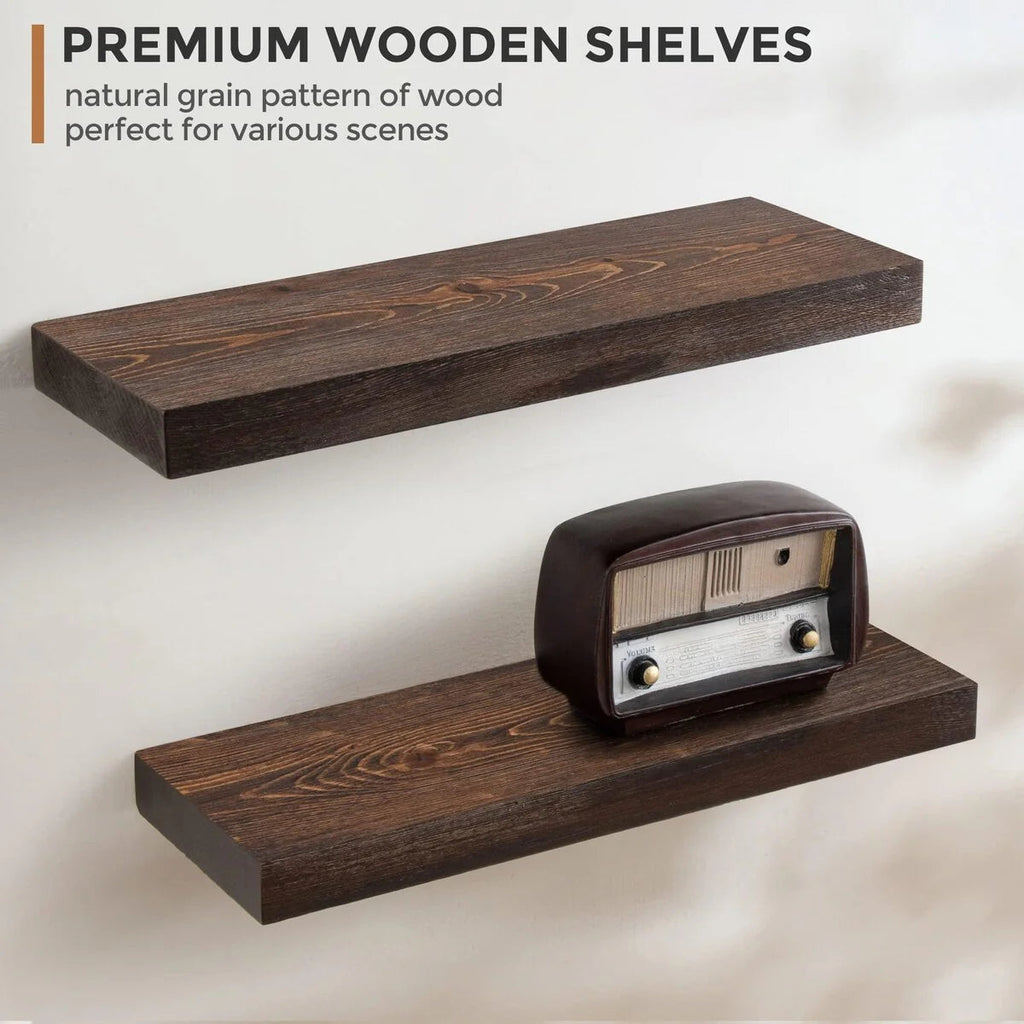 Set Of 2 Handcrafted European Pine Floating Wall Shelves, 16inch/24inch/36inch, Grey/Espresso/Walnut