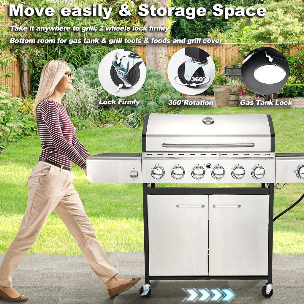 MELLCOM 4 Burner Propane Gas Grill With Cast Iron Grates And Side Stove, 44,000 BTU, Black - BBQ-4+1