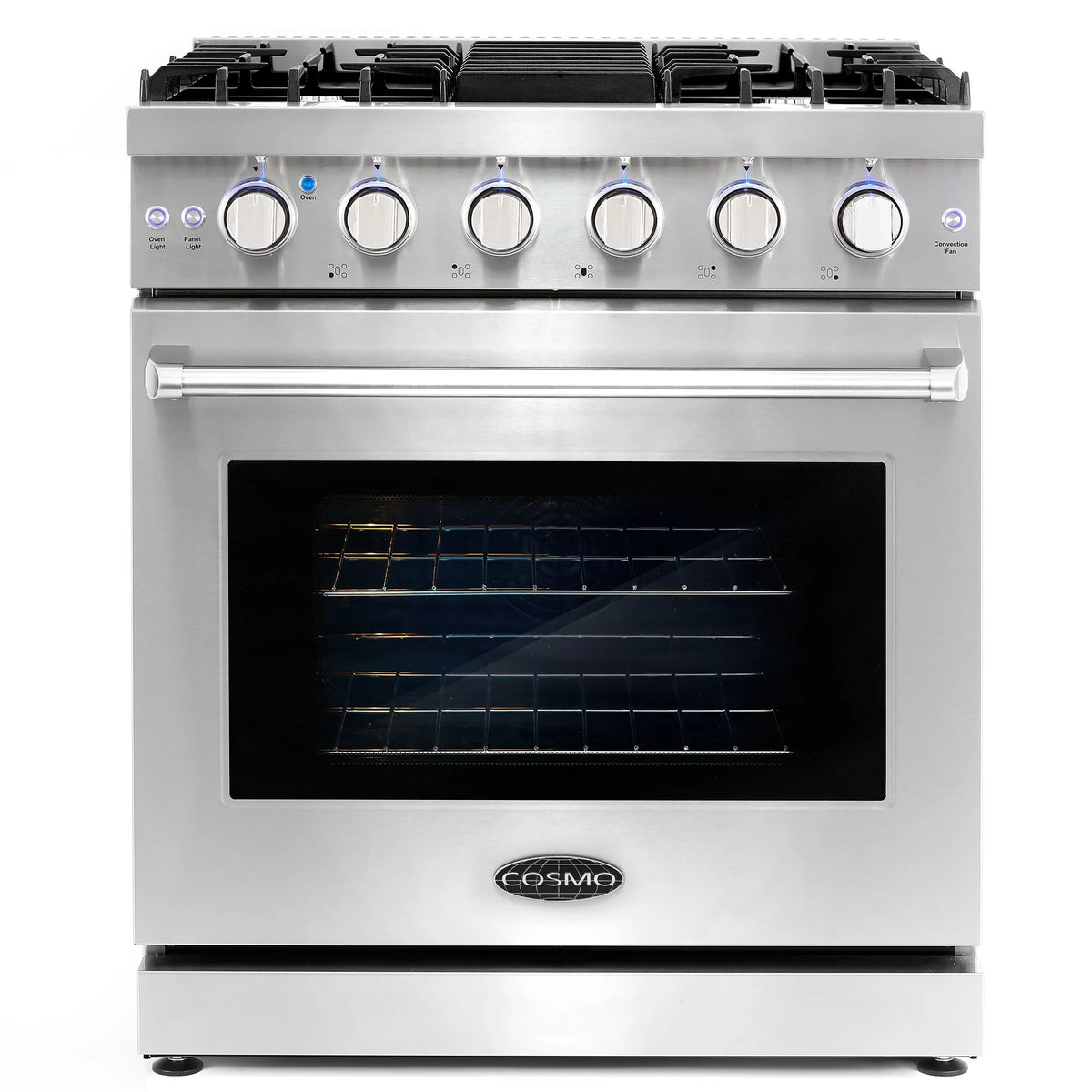 Cosmo 4-Piece Kitchen Appliance Package - 30 in Gas Range, Wall Mount Range Hood, 24 in Built-In Dishwasher, French Door Refrigerator