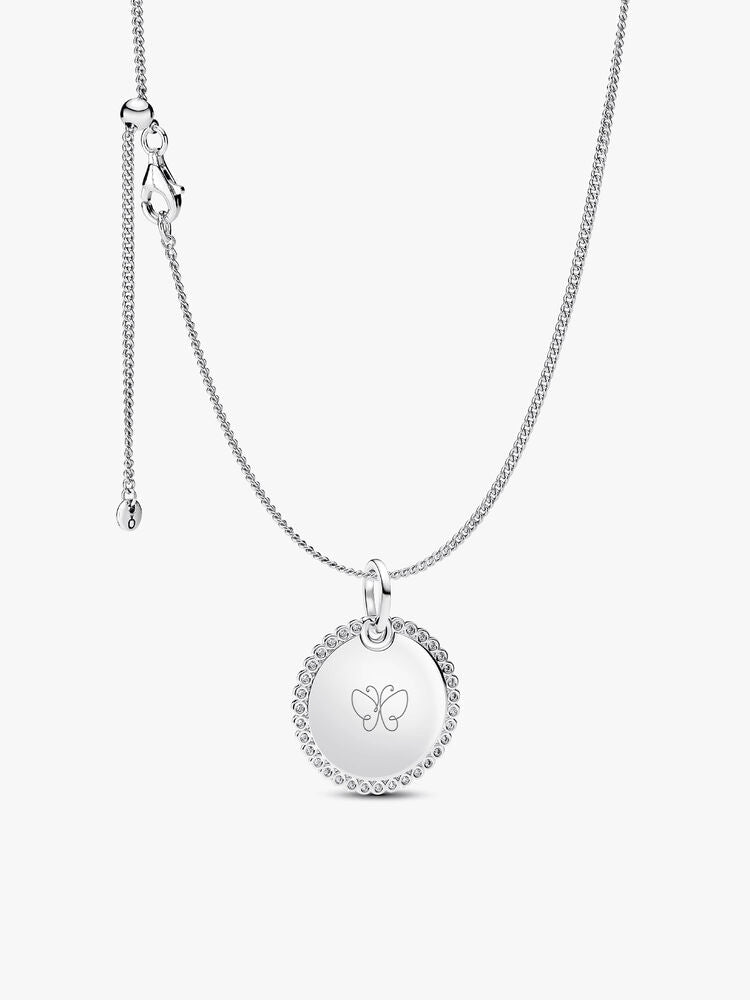 Engravable Sparkling Round Tag Pendant Necklace