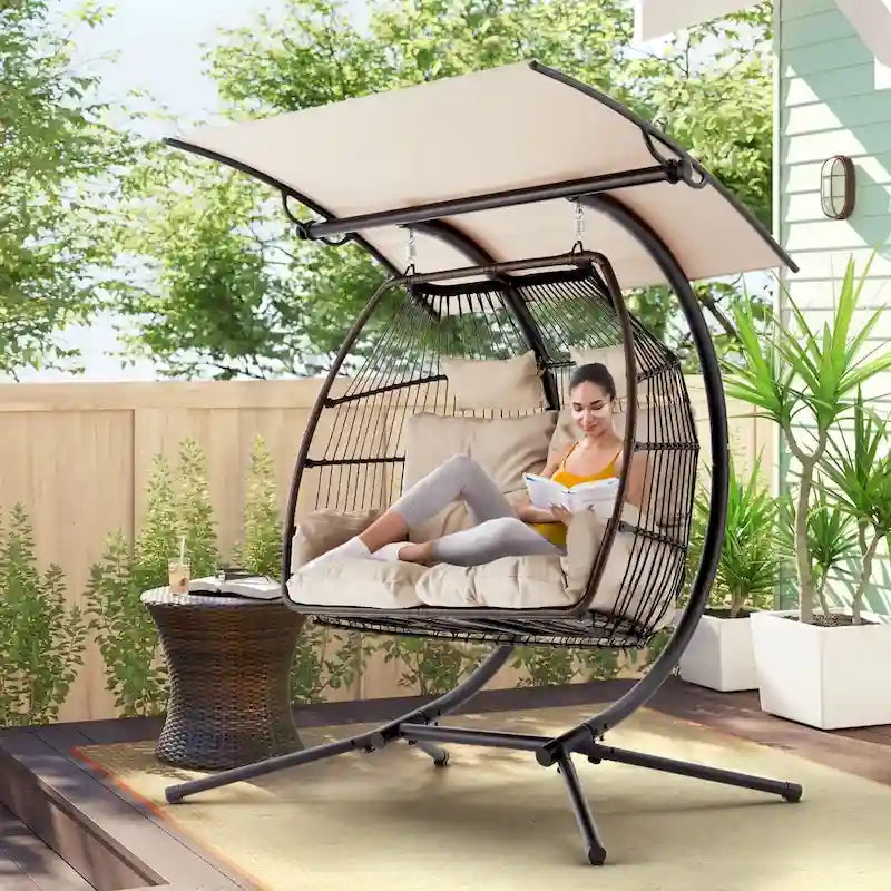 Outdoor Swing Loveseat With Stand, Foldable Hanging Chair, Hammock Cushion And Awning - Beige