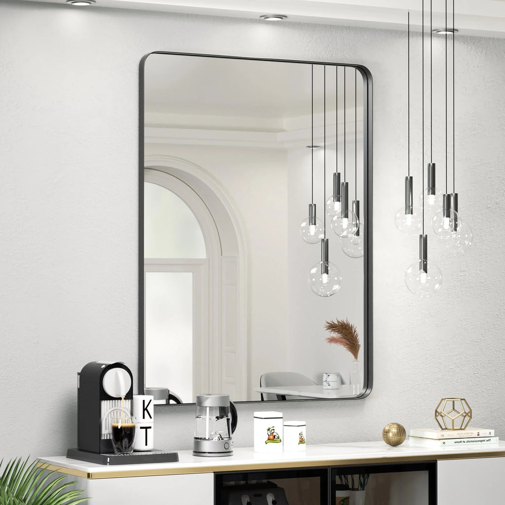 Framed Wall Vanity Mirror With Rounded Corners, 1 Piece
