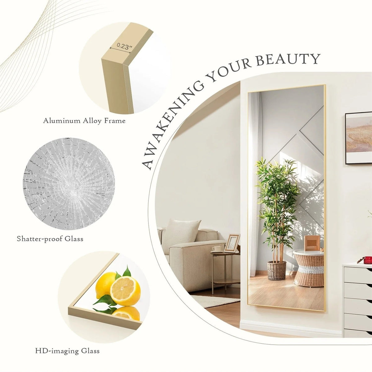 Full-Length Floor Mirror With Stand, Aluminum Alloy Frame - 71x30