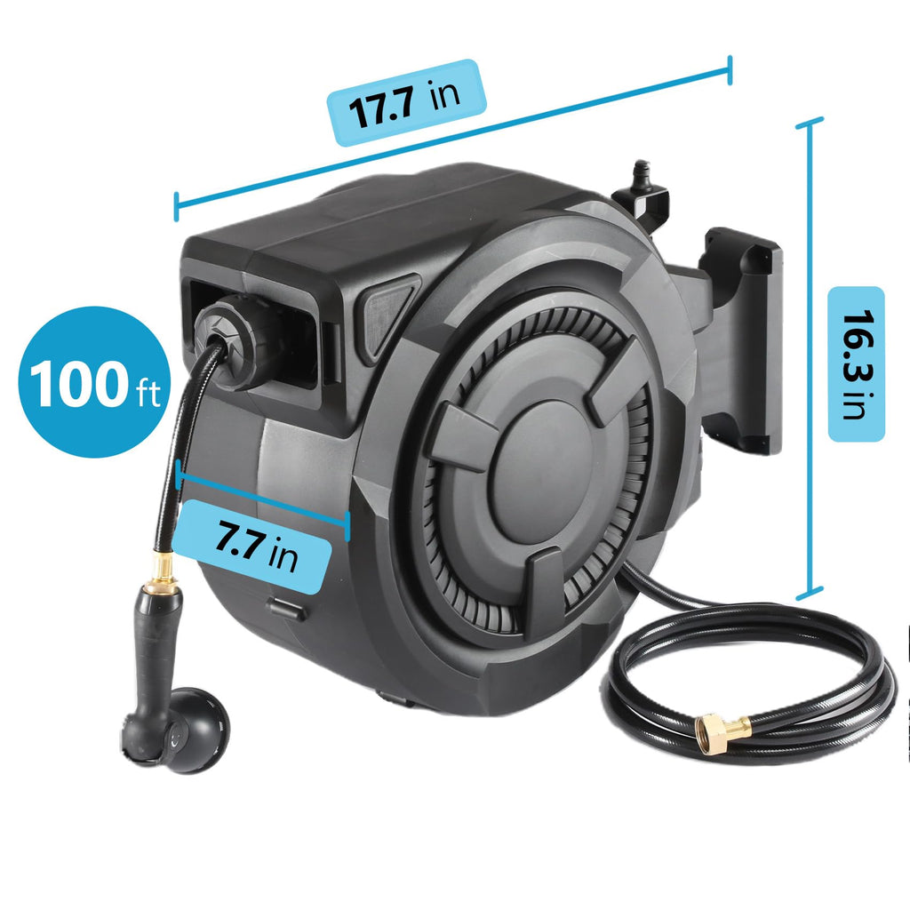 Wall-Mounted Retractable Garden Hose Reel With 100 ft 1/2 Inch Hose And 180 Degree Swivel