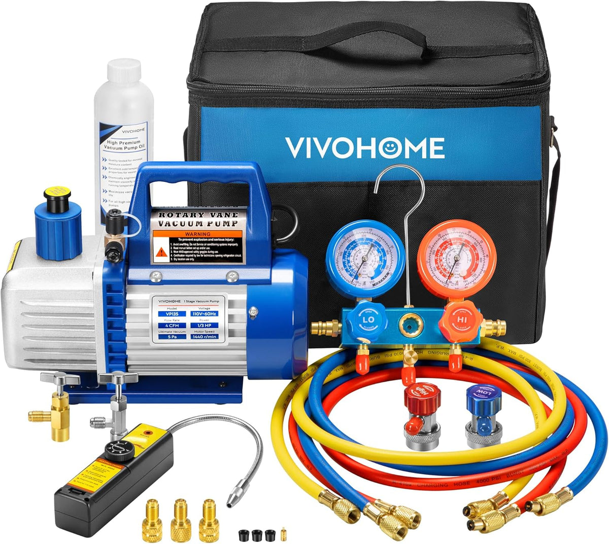 Single-Stage Rotary Vane Air Vacuum Pump With R134a AC Manifold Gauge Kit - 110V, 1/3 HP, 4 CFM