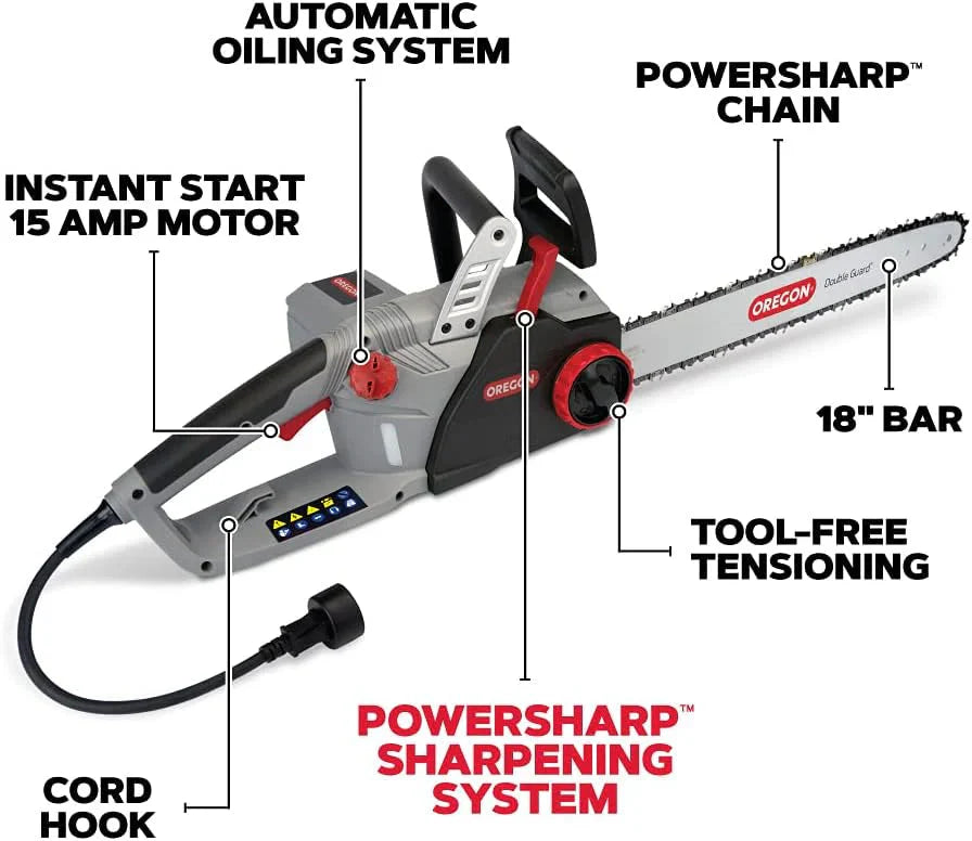 Oregon 18-inch 15 Amp Corded Electric Chainsaw With PowerSharp Self-Sharpening System - CS1500