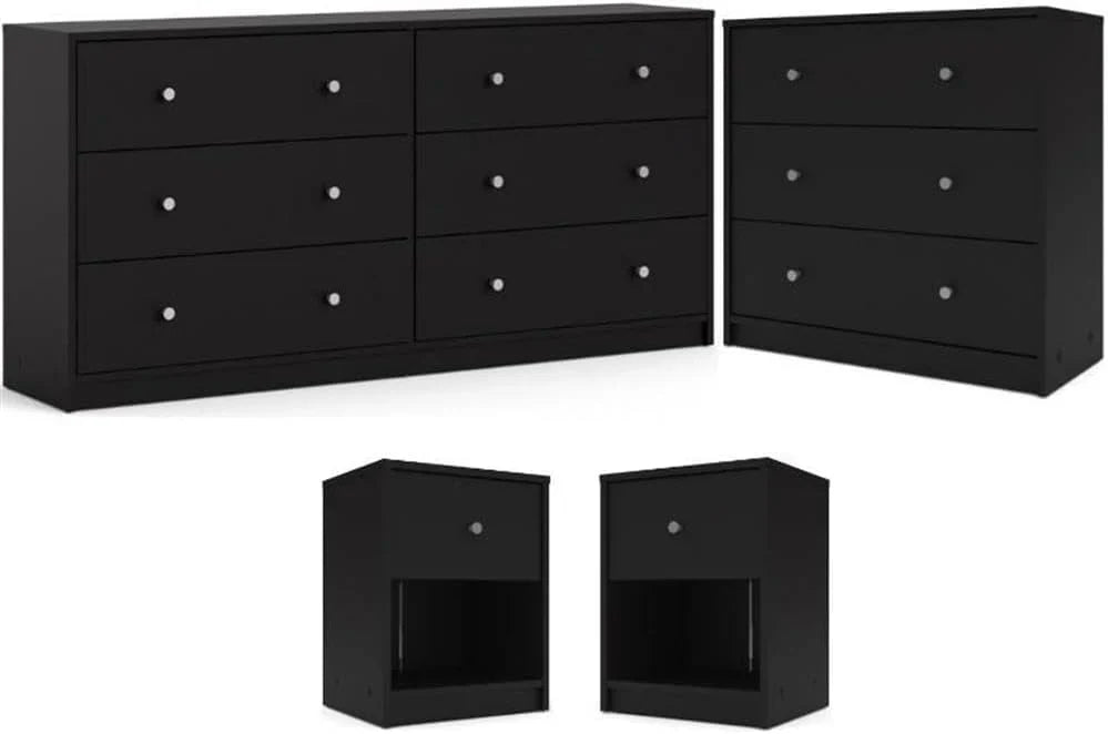 3-Piece Scandinavian Engineered Wood Bedroom Furniture Set With Black 6-Drawer Dresser, 3-Drawer Chest And Nightstand