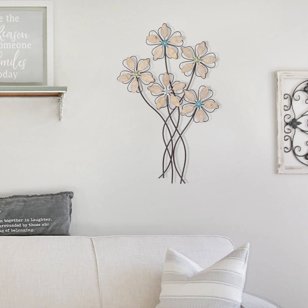 Metal Wall Decor With 5 Flowers, Iron, 19in L x 1.5in W x 30.75in H