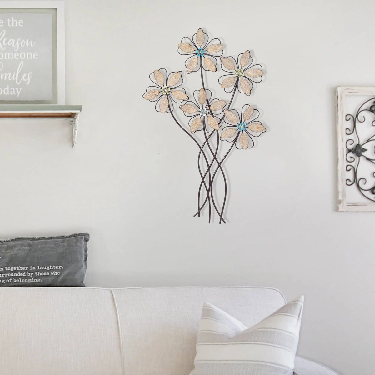 Metal Wall Decor With 5 Flowers, Iron, 19in L x 1.5in W x 30.75in H
