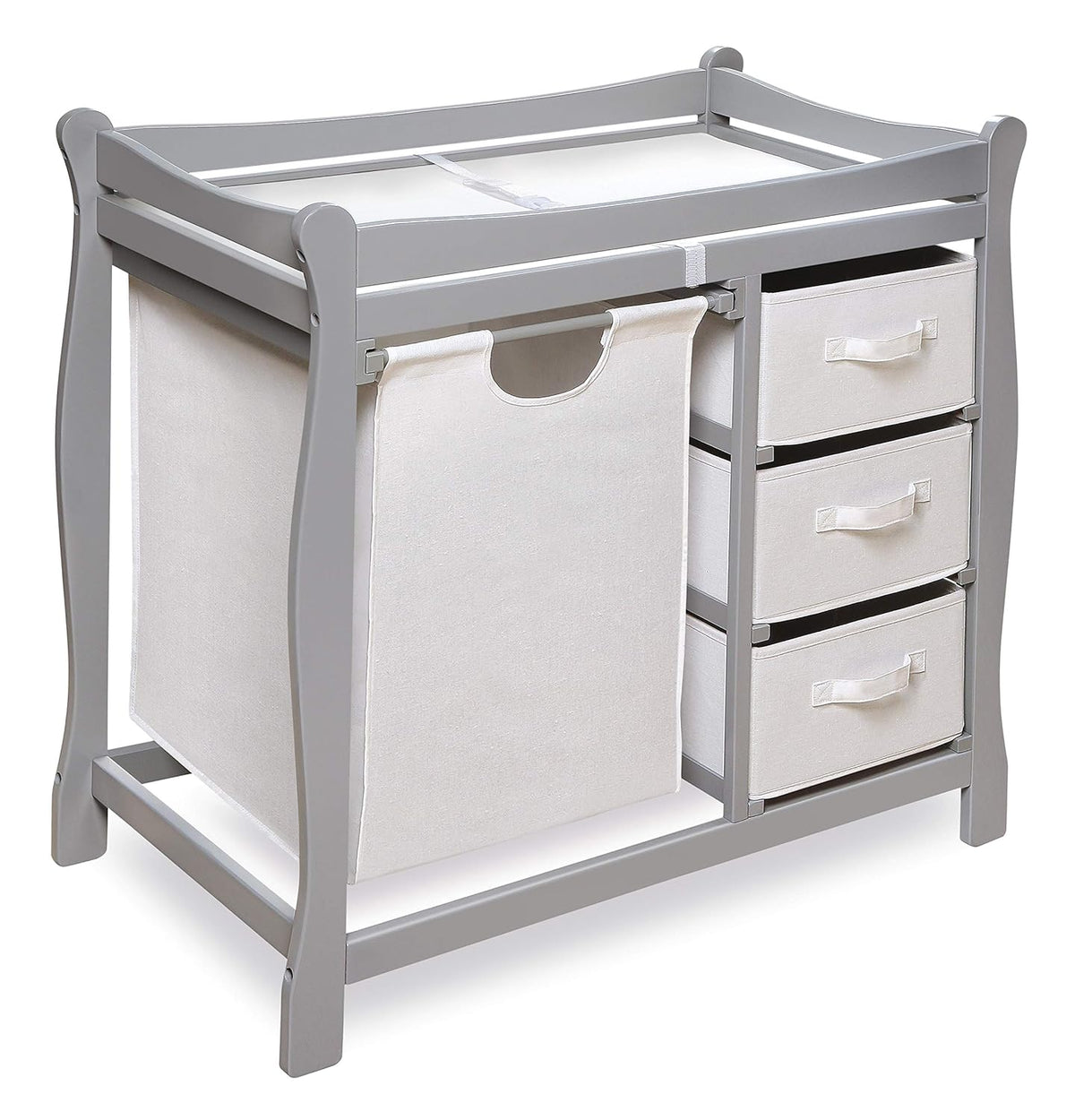 Badger Basket Sleigh-Style Baby Changing Table With 3 Baskets, Hamper, Changing Pad And Safety Rails, Gray - 37.5 in L x 19 in D x 37.5 in H