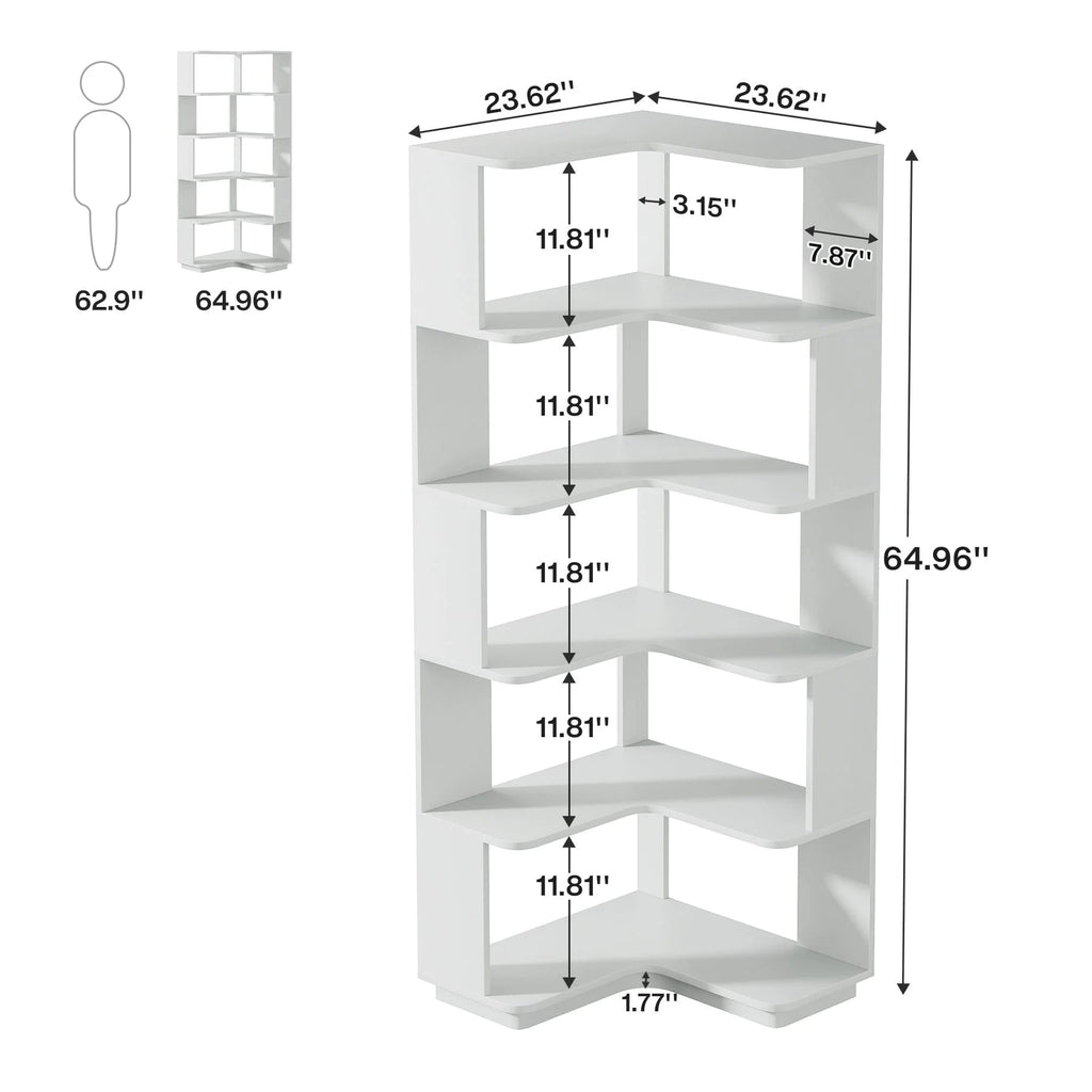 6-Tier Corner Bookshelf, 64.9 Inch Tall, Freestanding Wood Industrial Bookcase