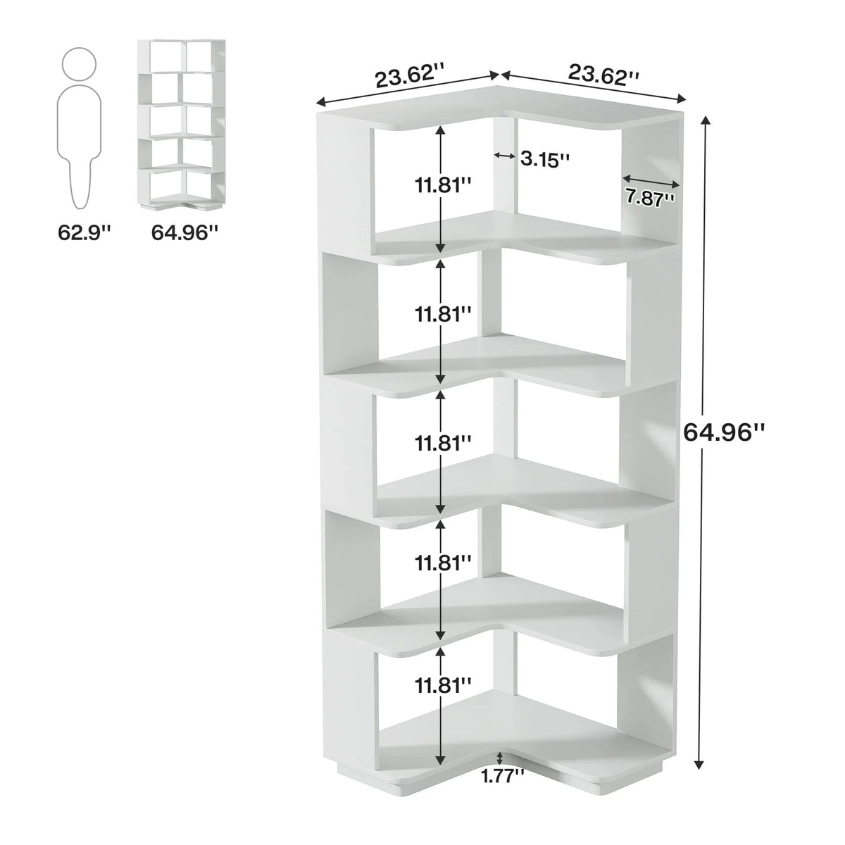 6-Tier Corner Bookshelf, 64.9 Inch Tall, Freestanding Wood Industrial Bookcase