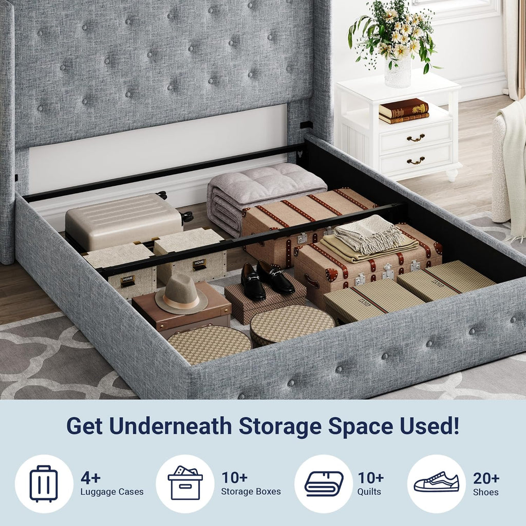 Queen Size Lift-Up Storage Bed With Wingback Headboard, Upholstered Platform Bed Frame With Hidden Storage