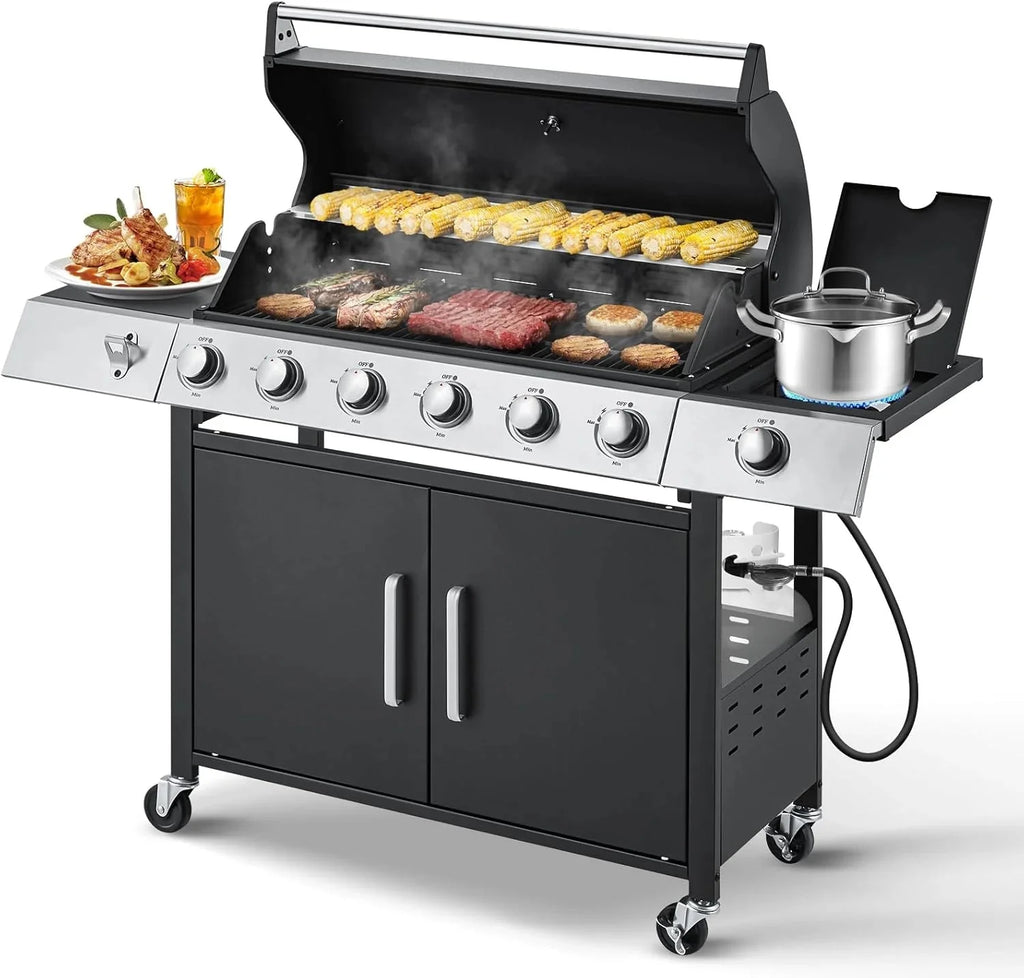 MELLCOM 4 Burner Propane Gas Grill With Cast Iron Grates And Side Stove, 44,000 BTU, Black - BBQ-4+1