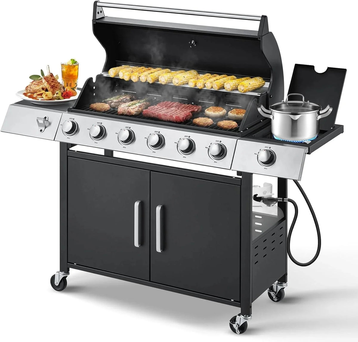 MELLCOM 4 Burner Propane Gas Grill With Cast Iron Grates And Side Stove, 44,000 BTU, Black - BBQ-4+1
