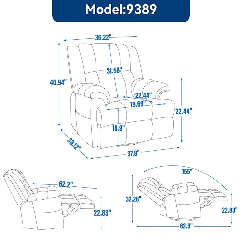 Lazy Boy Oversized Fabric Swivel Rocking Manual Recliner Chair, 37.8L*38.2W*41H, 155 Degrees