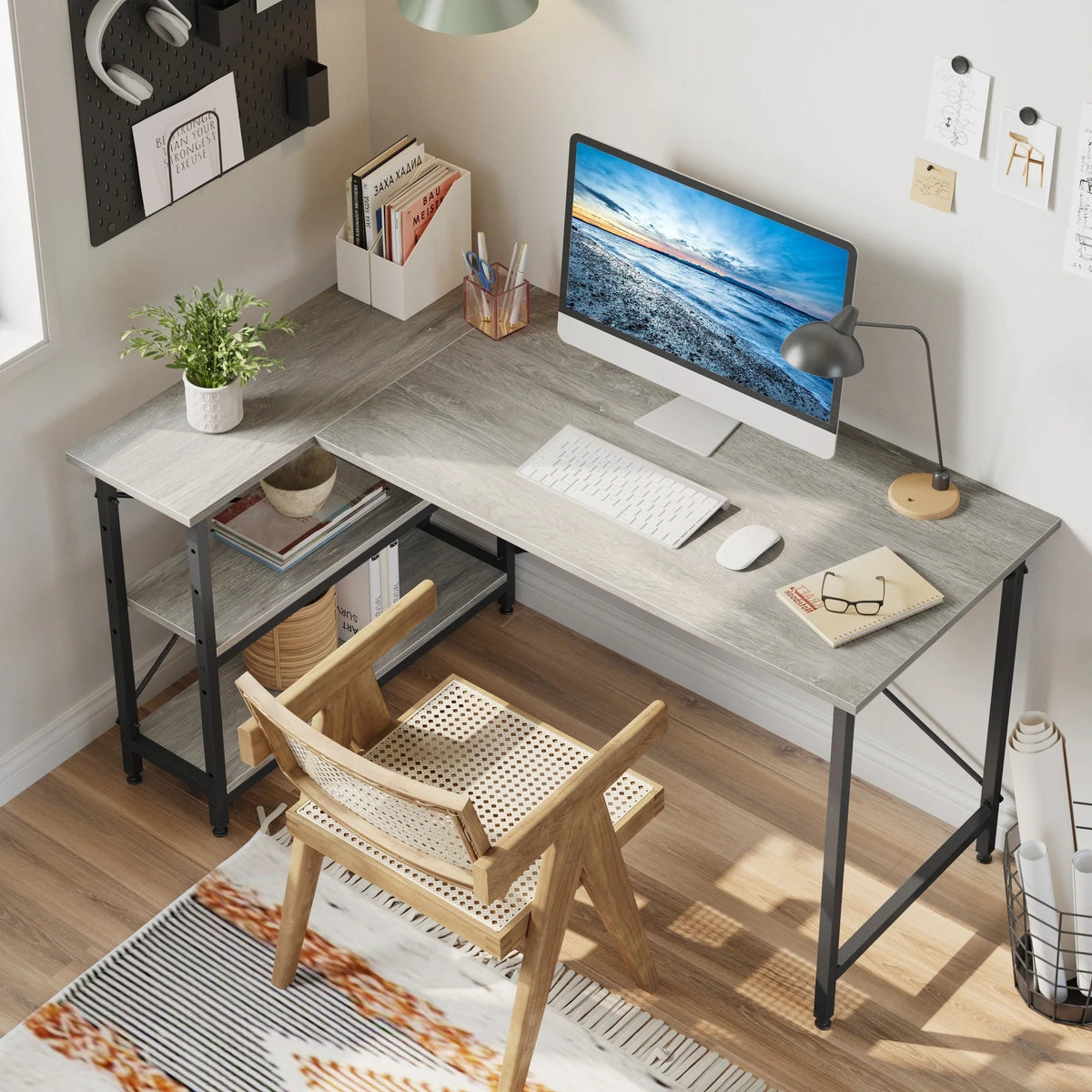 Small L-Shaped Computer Desk With Reversible Storage Shelves - 55-Inch / 47-Inch