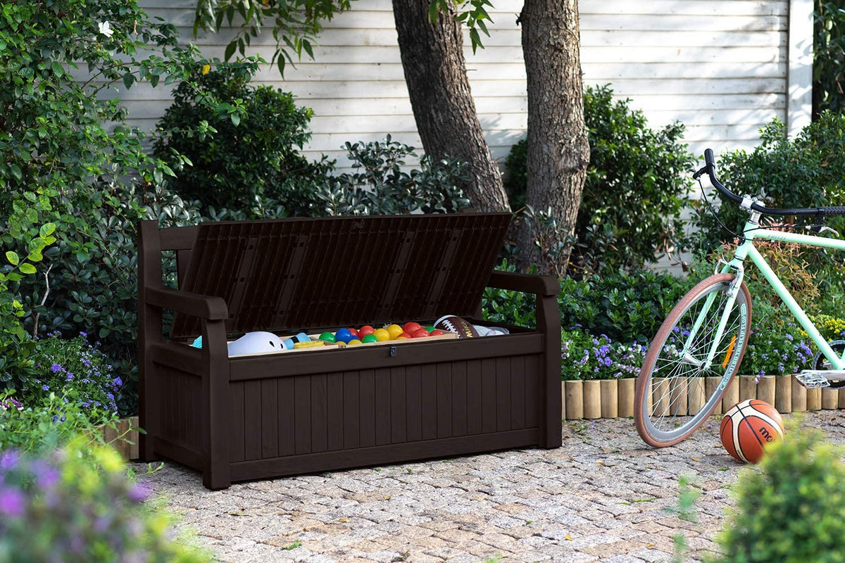 Keter Solana Storage Bench Deck Box, 70 Gallon, Brown, 54.6 x 23.4 x 32.8 in - Solana 70 Gallon Storage