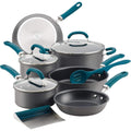 Rachael Ray Create Delicious Hard-Anodized Nonstick Cookware Set, 11 Piece, Gray With Teal Handles