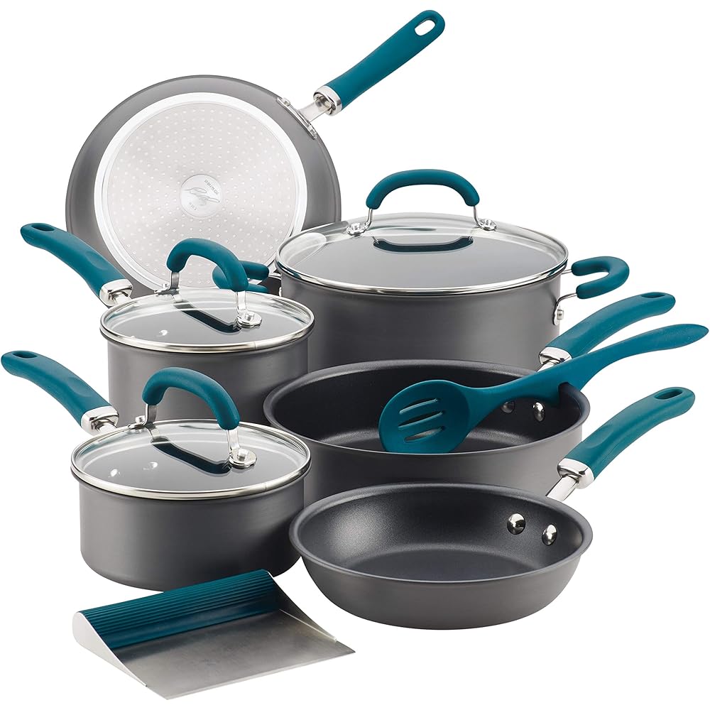 Rachael Ray Create Delicious Hard-Anodized Nonstick Cookware Set, 11 Piece, Gray With Teal Handles
