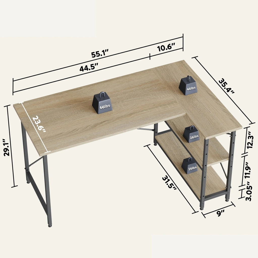 Small L-Shaped Computer Desk With Reversible Storage Shelves - 55-Inch / 47-Inch