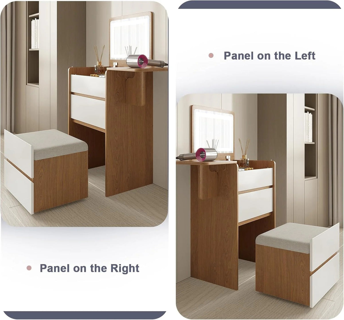 3-in-1 Vanity Desk Set With Flip-Top Lighted Mirror, Storage Stool And 15.7*19.7*31.5 Inches Table