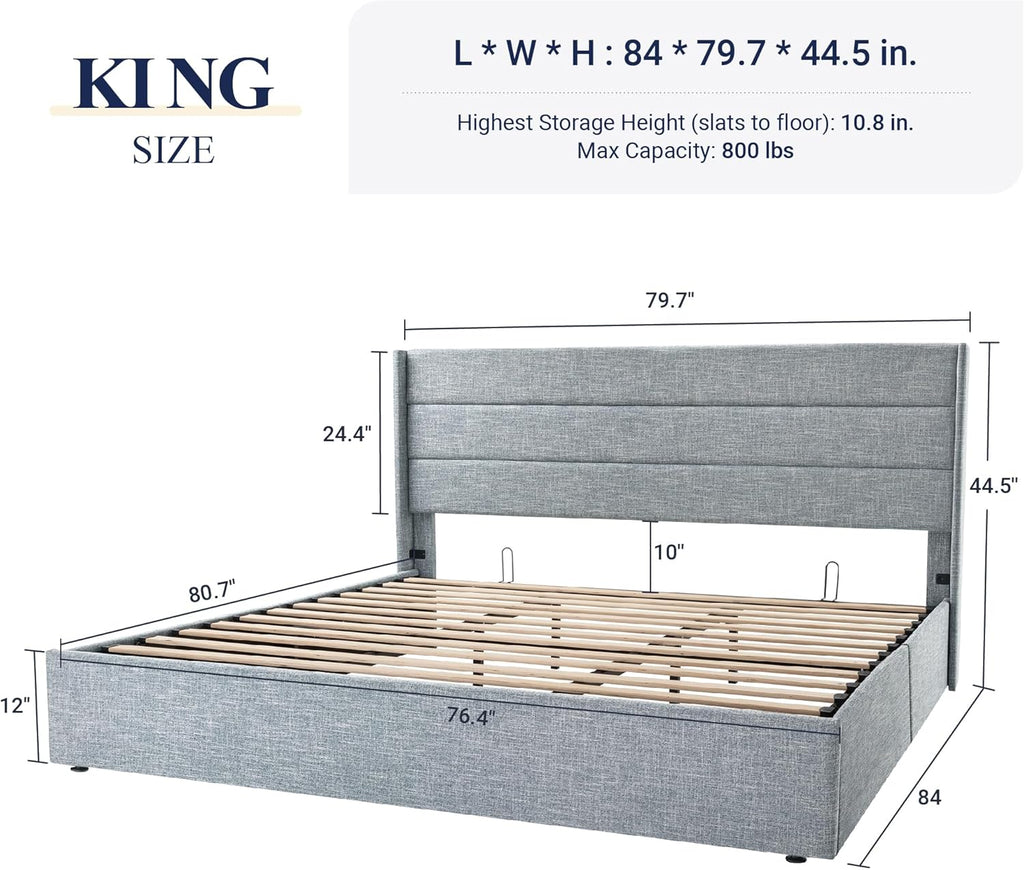 Queen Size Lift-Up Storage Bed With Wingback Headboard, Upholstered Platform Bed Frame With Hidden Storage