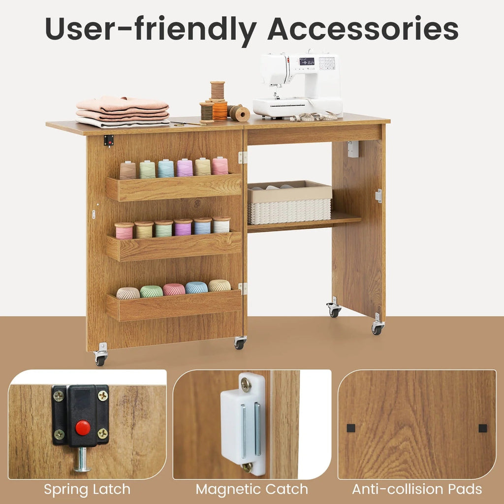 Costway Folding Sewing Table With 3 Storage Bins And Charging Station, Natural