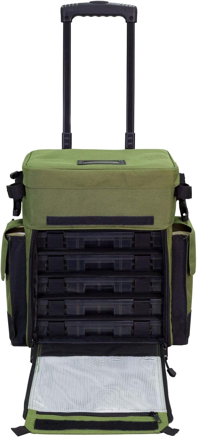 Elkton Outdoors Waterproof Rolling Tackle Box Backpack With 5 Tackle Trays And 4 Rod Holders
