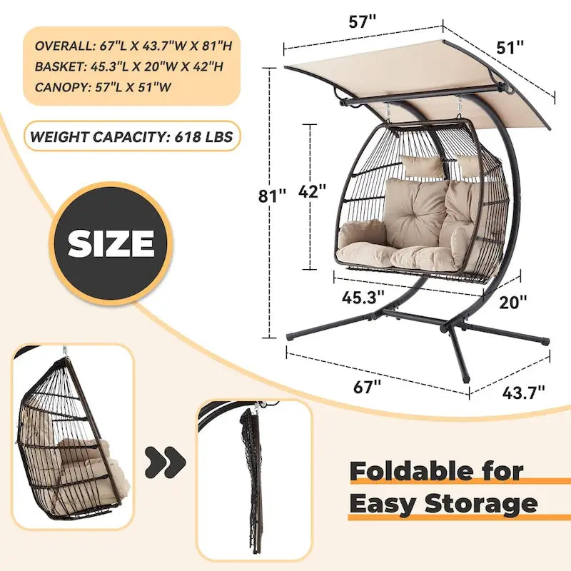 Outdoor Swing Loveseat With Stand, Foldable Hanging Chair, Hammock Cushion And Awning - Beige
