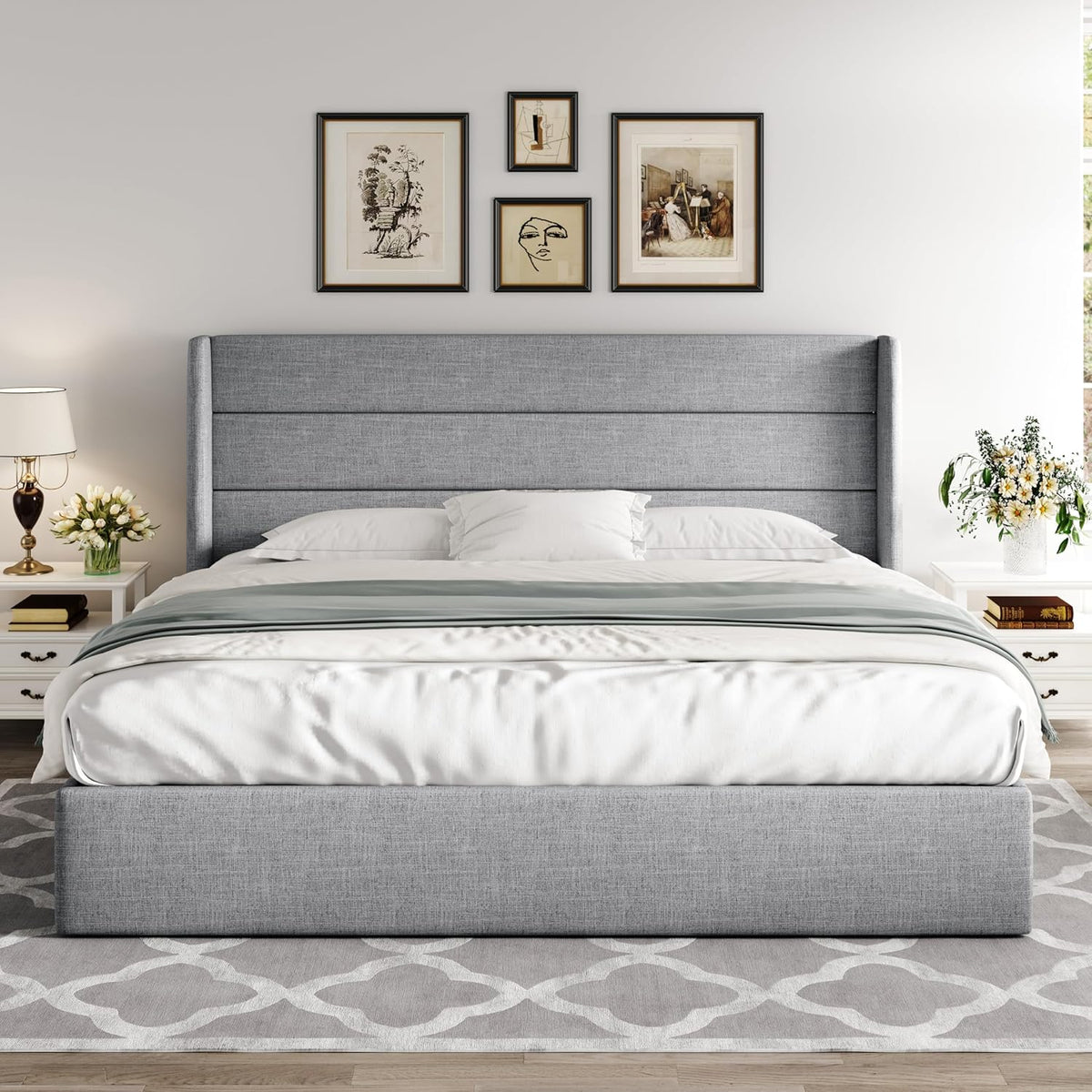Queen Size Lift-Up Storage Bed With Wingback Headboard, Upholstered Platform Bed Frame With Hidden Storage