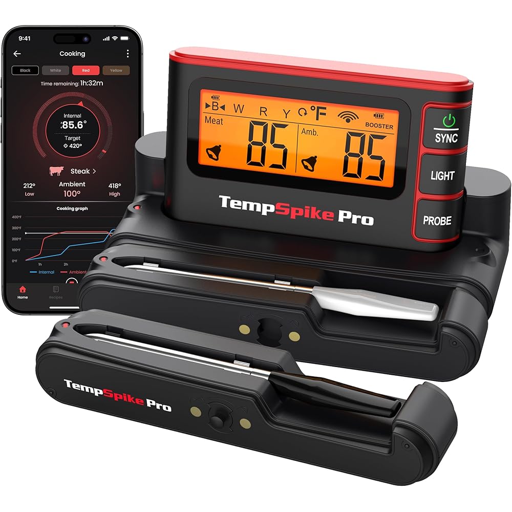 TempSpike Wireless Meat Thermometer With WiFi, Bluetooth, 2 Probes And Rechargeable Display Base - Pro